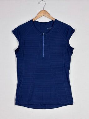 Athleta Navy Zip Front Performance Top L Sculpting Activewear Stretch Fit